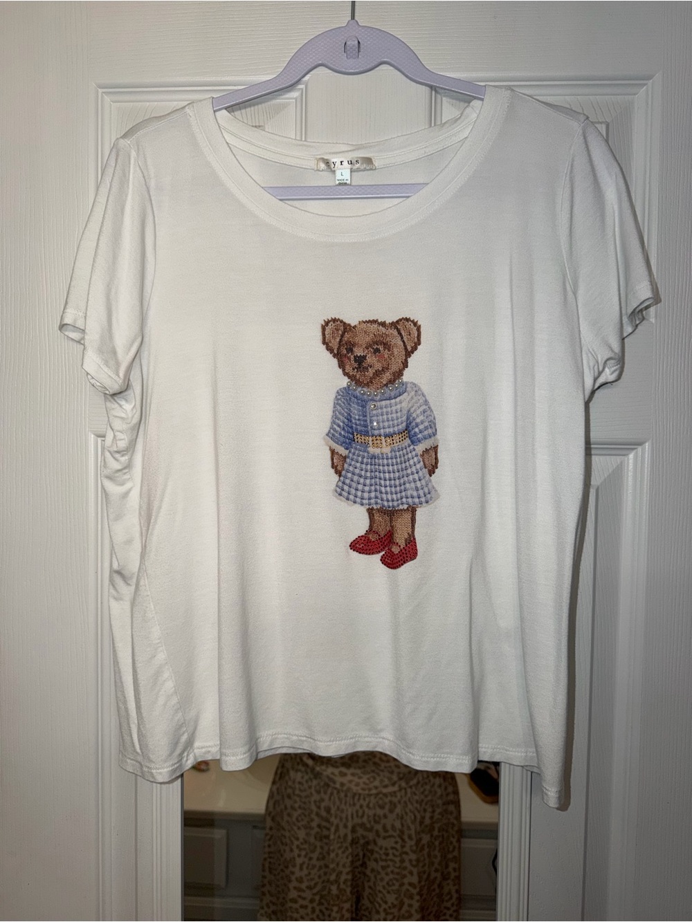 Cyrus White Tee with Brown Bear in Blue Dress and Red Shoes